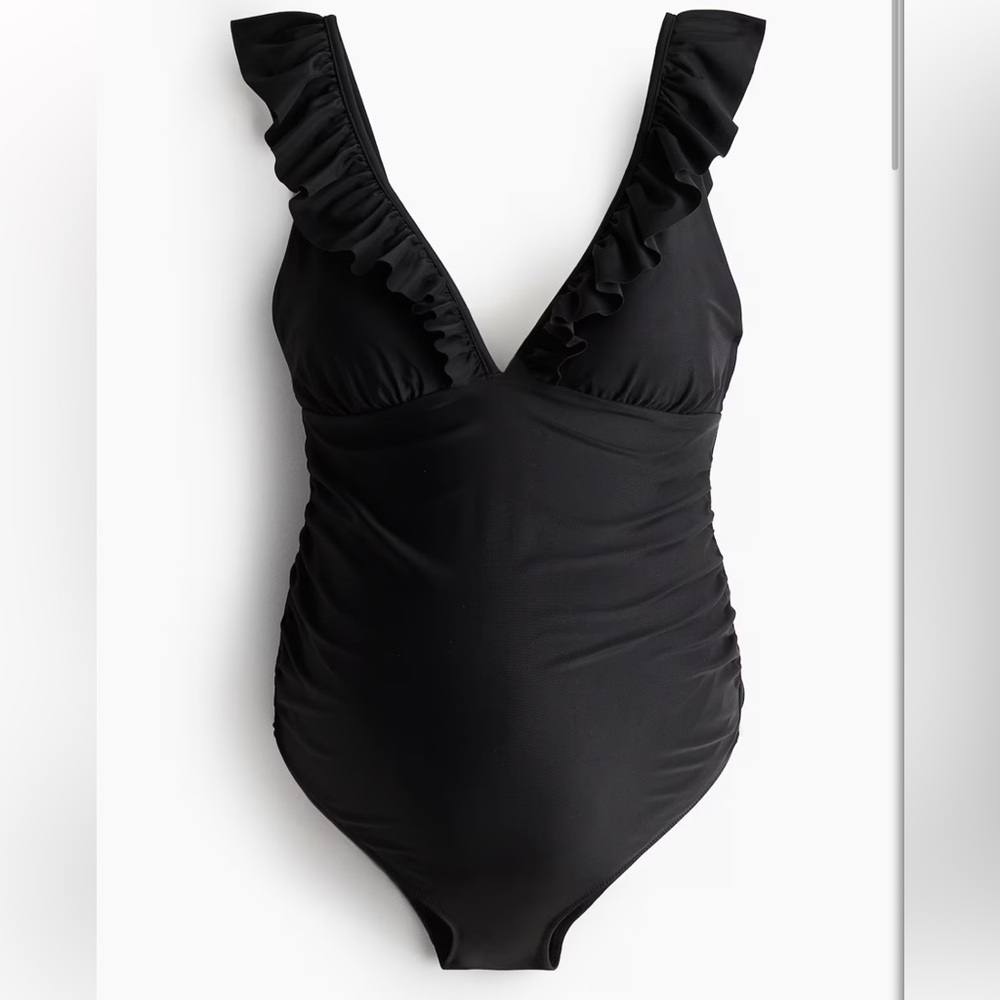 H&M Black Ruffle V-Neck One-Piece Swimsuit